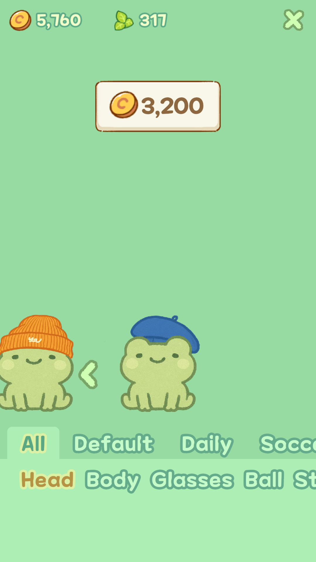 Just a little frog — Costume selection screen